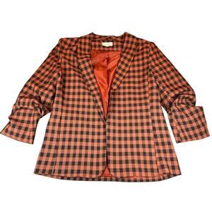 ee somes Blazer Womens Medium Rust Black Plaid Check Ruched Sleeve Work Jacket